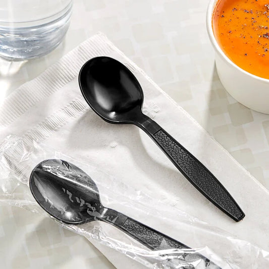 Black Extra Heavy Weight Wrapped Polystyrene Plastic Soup Spoon - 1,000/Case