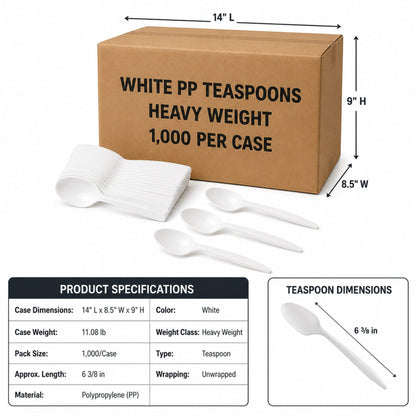 Heavy Weight White Polypropylene Plastic Teaspoons - 1,000/Case