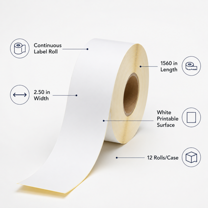 Ishida Continuous Labels - 2.50" x 1560" - White (12 Rolls/Case)
