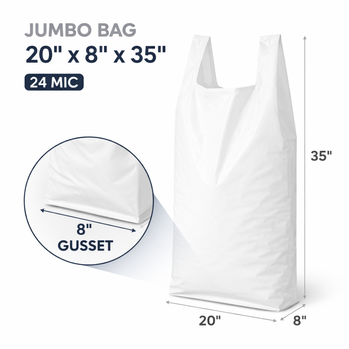 White Jumbo Plastic Utility Bags 20" x 8" x 35" 24 Mic - 200/Case