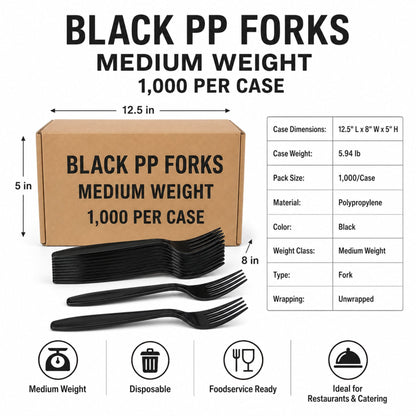 Medium Weight Black Polypropylene Plastic Forks - 1,000/Case