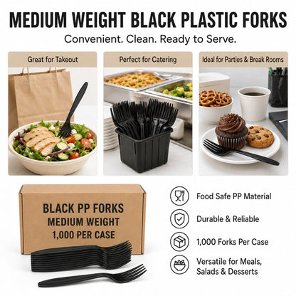 Medium Weight Black Polypropylene Plastic Forks - 1,000/Case