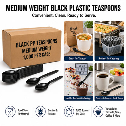Medium Weight Black Polypropylene Plastic Teaspoons - 1,000/Case