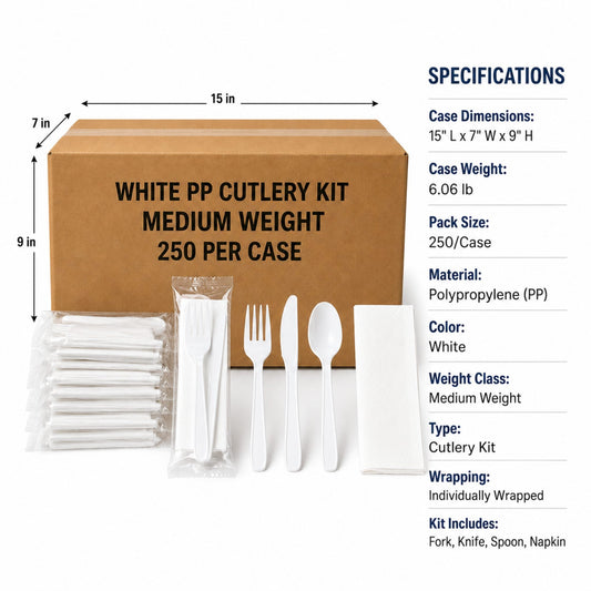 Medium Weight White Polypropylene Plastic Cutlery Kit with Napkin - 250/Case