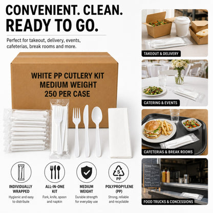 Medium Weight White Polypropylene Plastic Cutlery Kit with Napkin - 250/Case