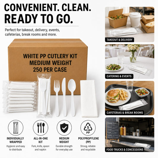 Medium Weight White Polypropylene Plastic Cutlery Kit with Napkin - 250/Case