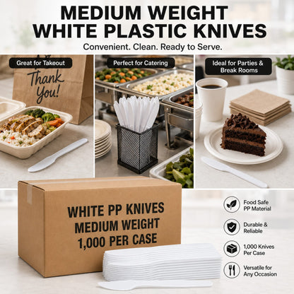 6 1/2" Medium Weight White Polypropylene Plastic Knives - 1,000/Case