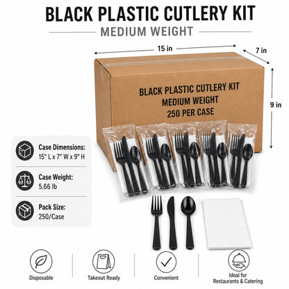Medium Weight Black Plastic Cutlery Kit - 250/Case