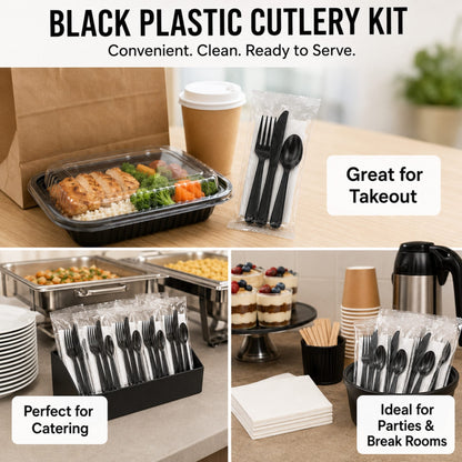 Medium Weight Black Plastic Cutlery Kit - 250/Case