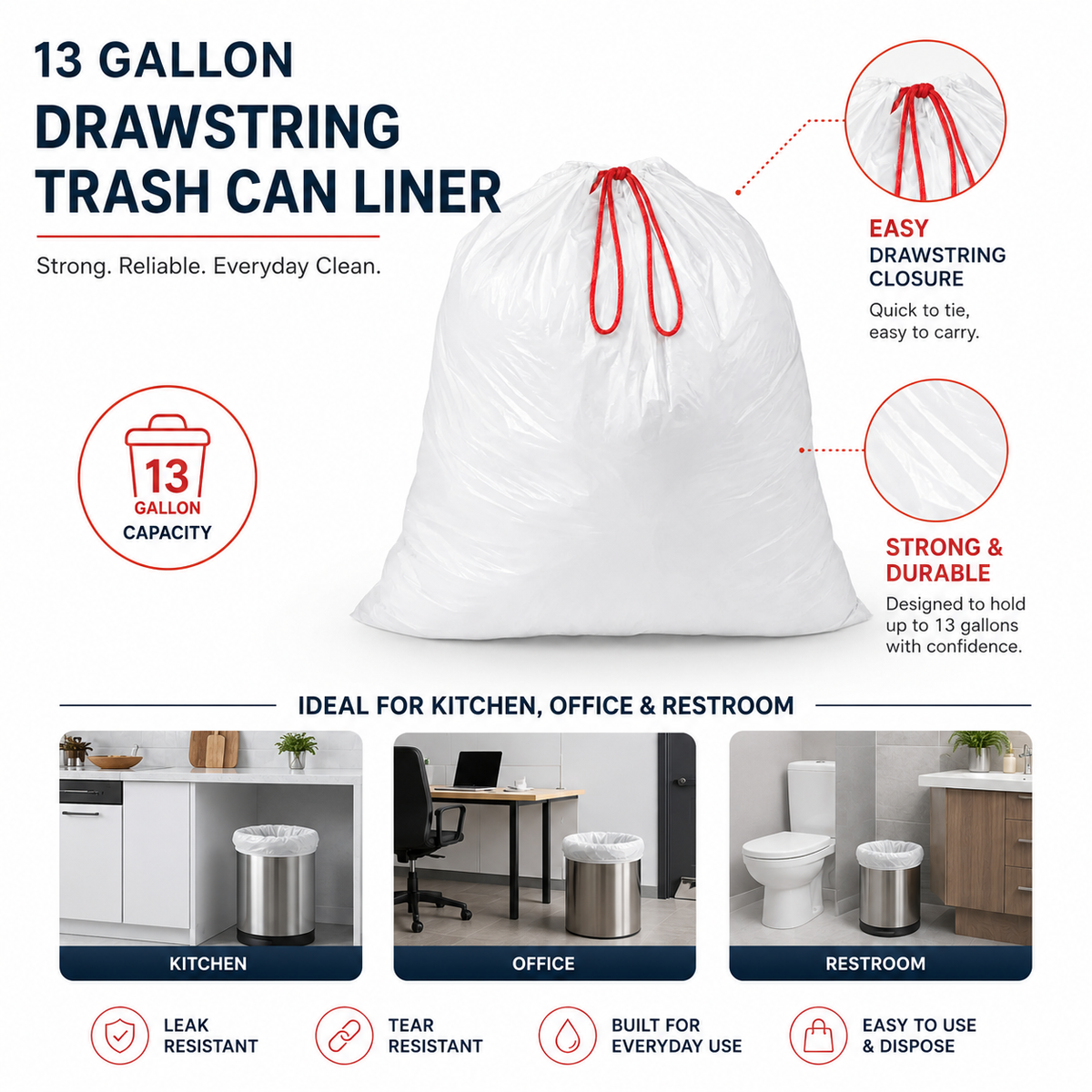 White Plastic Drawstring Trash Can Liners 13 Gallon 24" x 28"
