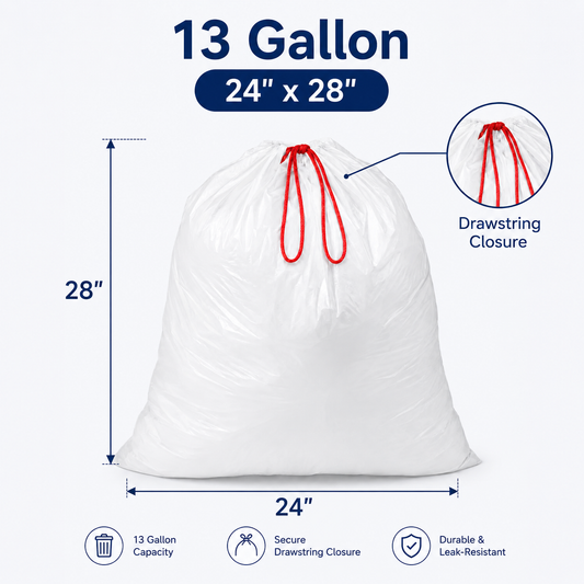 White Plastic Drawstring Trash Can Liners 13 Gallon 24" x 28"