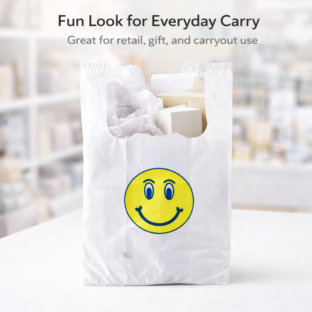 White T-Sack Happy Face 12X7X22 15 Mic - 800/Case