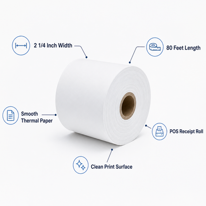 2 1/4" x 80' Thermal Paper Roll White – White (50/Case)