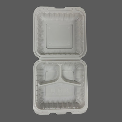 White Hinged Container (Mineral-Filled Polypropylene) 3 Compartment 8x8