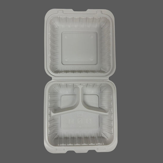 White Hinged Container (Mineral-Filled Polypropylene) 3 Compartment 8x8