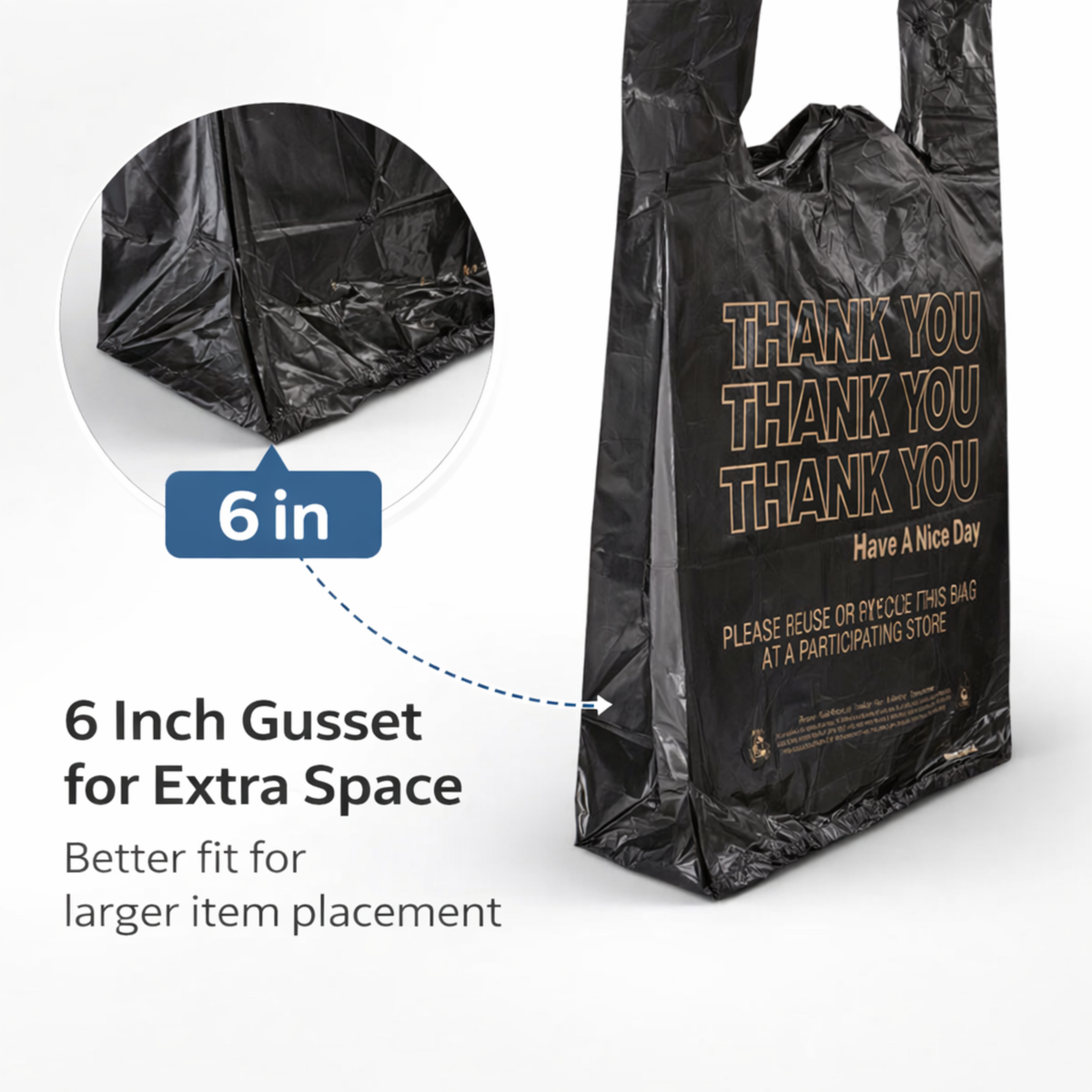 Black "Thank You" Heavy Duty T-Shirt Bags - 10" x 6" x 20" 20 Mic - 500/Case