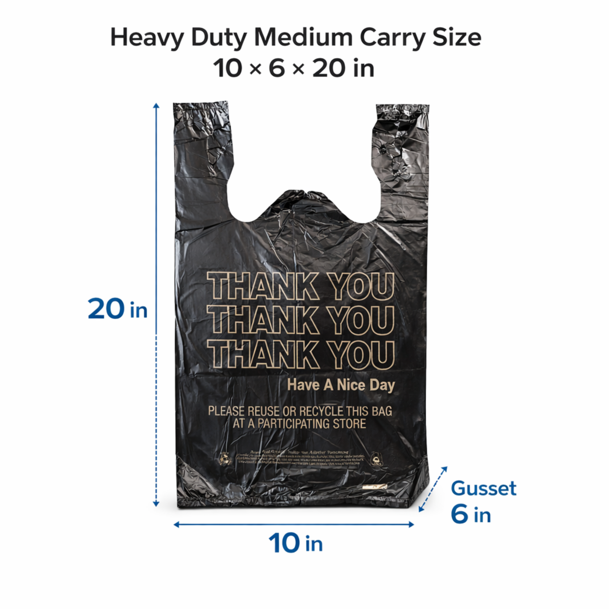 Black "Thank You" Heavy Duty T-Shirt Bags - 10" x 6" x 20" 20 Mic - 500/Case