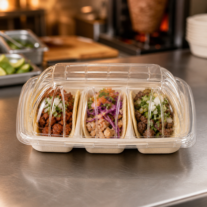 Rise Up Clear Plastic Lid for 3-Compartment Bagasse Taco Tray - 300/Case