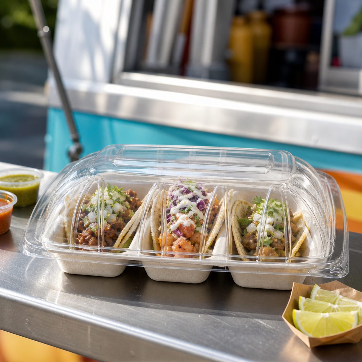 Rise Up Clear Plastic Lid for 3-Compartment Bagasse Taco Tray - 300/Case