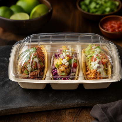 Rise Up Clear Plastic Lid for 3-Compartment Bagasse Taco Tray - 300/Case