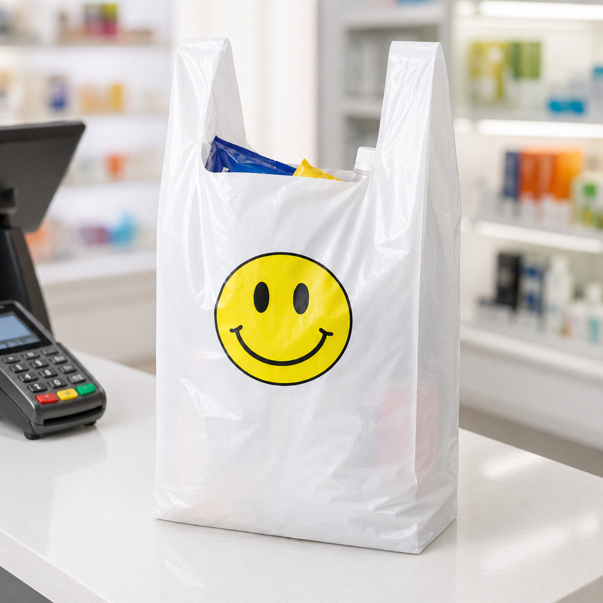 White T-Sack Happy Face 12X7X22 15 Mic - 800/Case