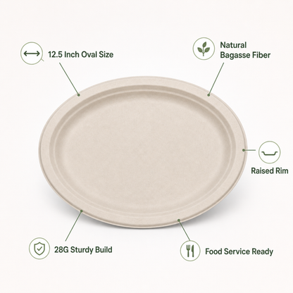 Rise Up 12.5" Natural Bagasse Oval Plate - 500/Case