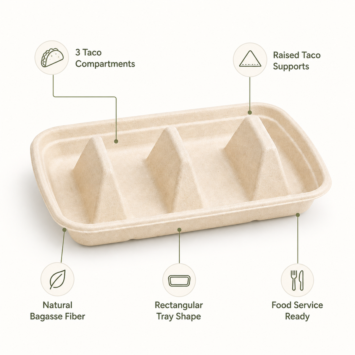 Rise Up 3-Compartment Natural Bagasse Taco Tray - 300/Case