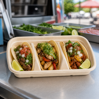 Rise Up 3-Compartment Natural Bagasse Taco Tray - 300/Case