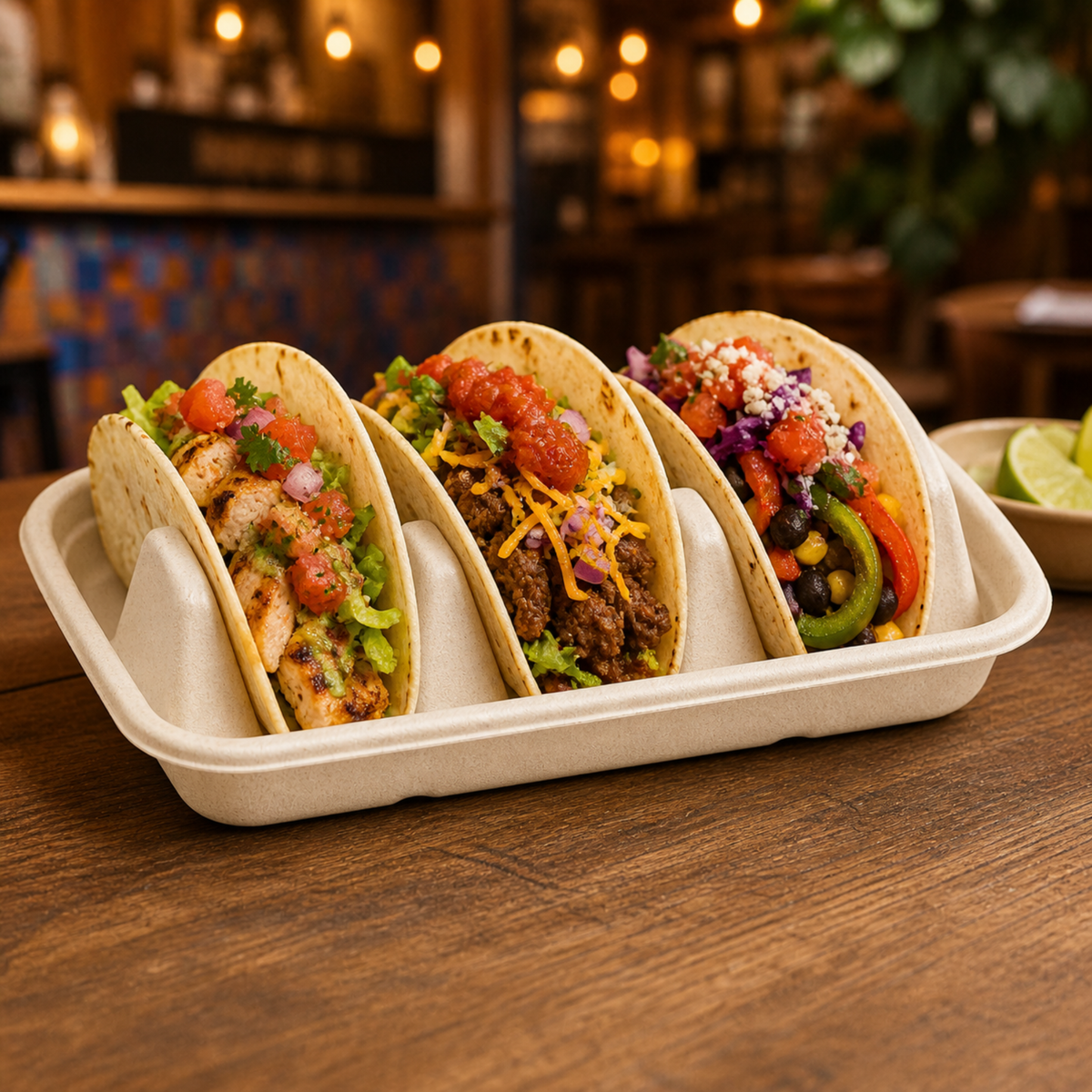 Rise Up 3-Compartment Natural Bagasse Taco Tray - 300/Case