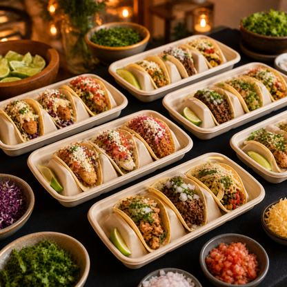 Rise Up 3-Compartment Natural Bagasse Taco Tray - 300/Case