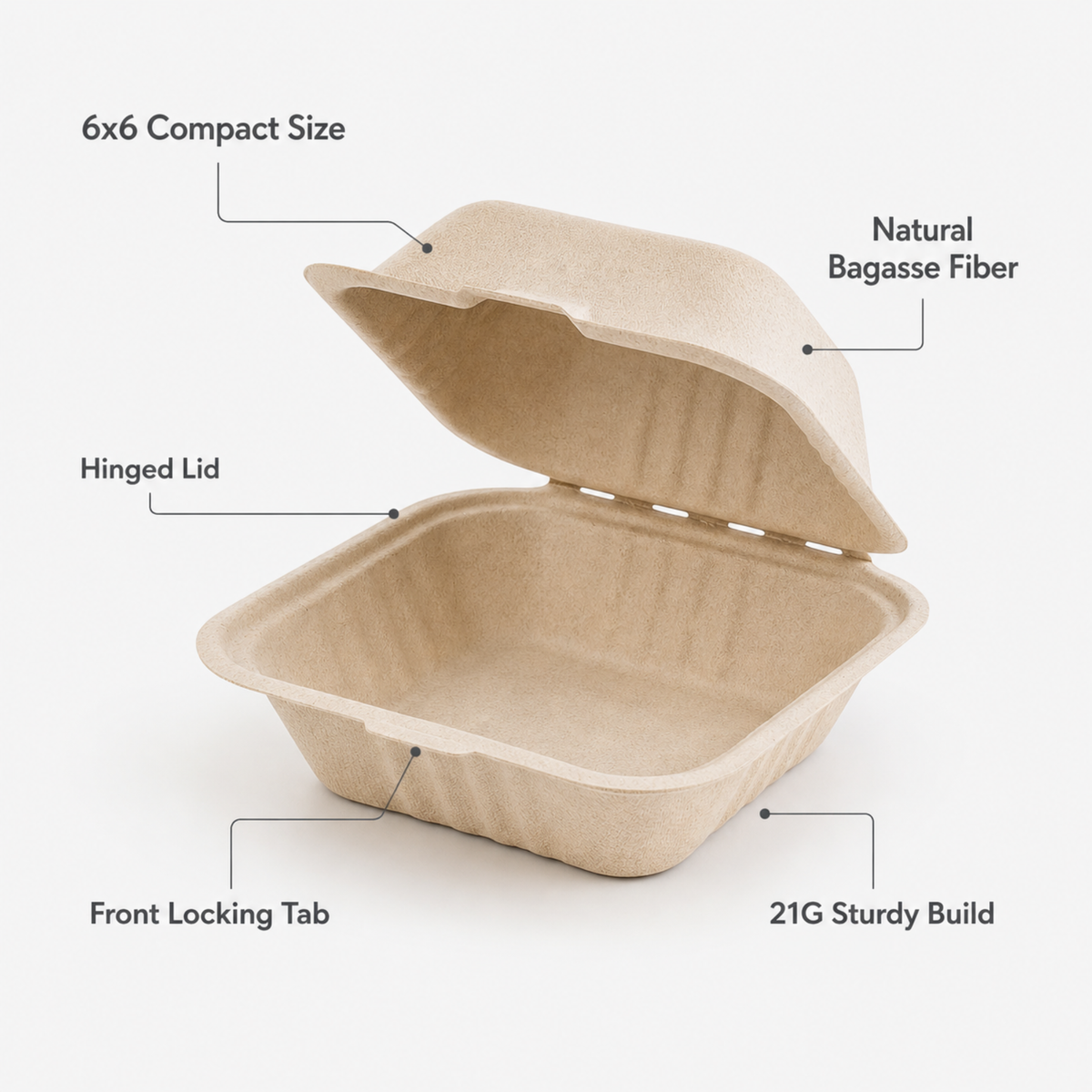 Rise Up 6" x 6" Natural Bagasse Take-Out Container - 500/Case