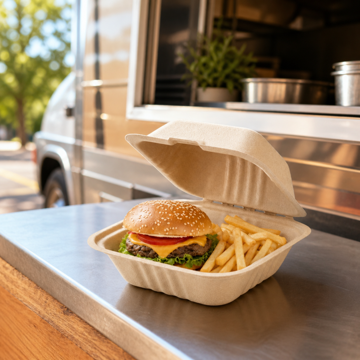 Rise Up 6" x 6" Natural Bagasse Take-Out Container - 500/Case
