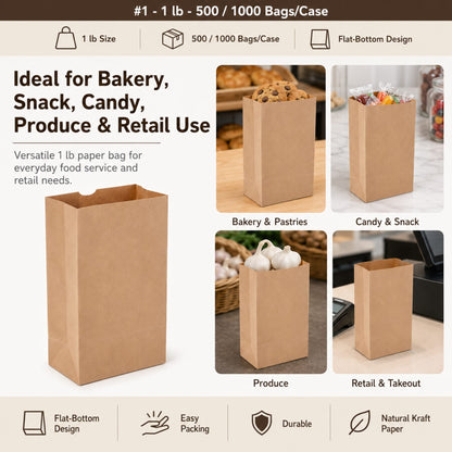 Brown Kraft Paper Bag #1 - 1 lb - 500/1000 Bags/Case