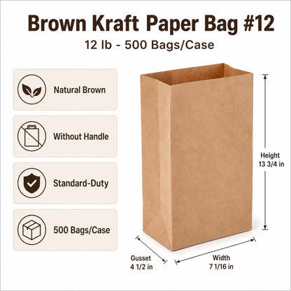 Brown Kraft Paper Bag #12 - 12 lb - 500 Bags/Case