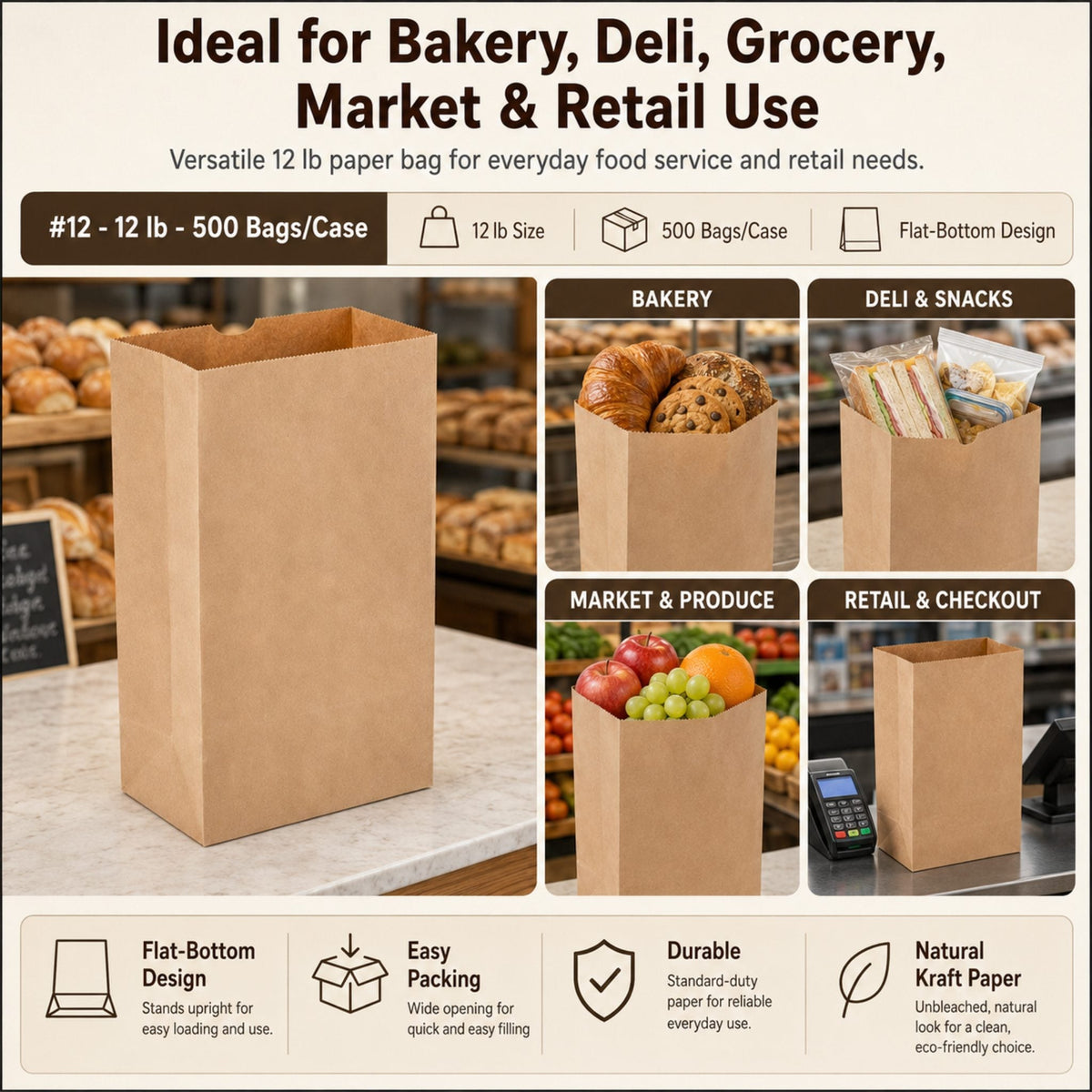 Brown Kraft Paper Bag #12 - 12 lb - 500 Bags/Case