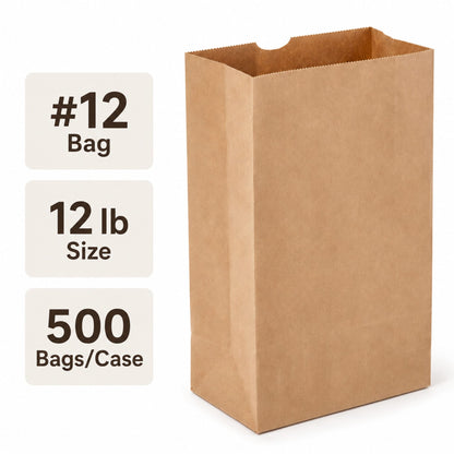 Brown Kraft Paper Bag #12 - 12 lb - 500 Bags/Case