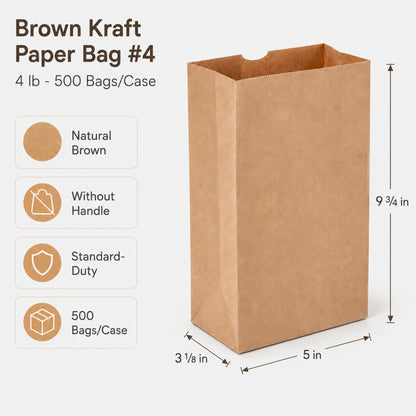 Brown Kraft Paper Bag #4 - 4 lb - 500 Bags/Case