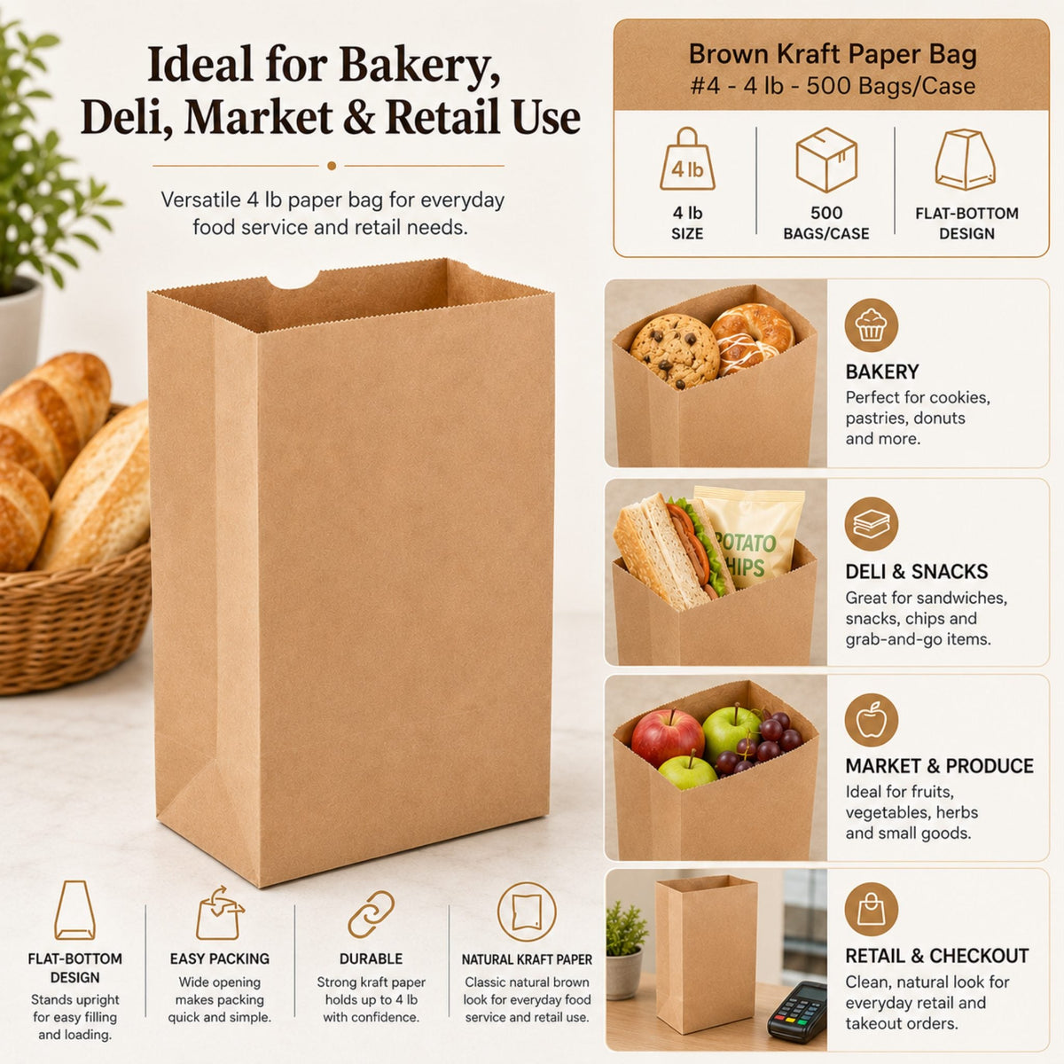 Brown Kraft Paper Bag #4 - 4 lb - 500 Bags/Case