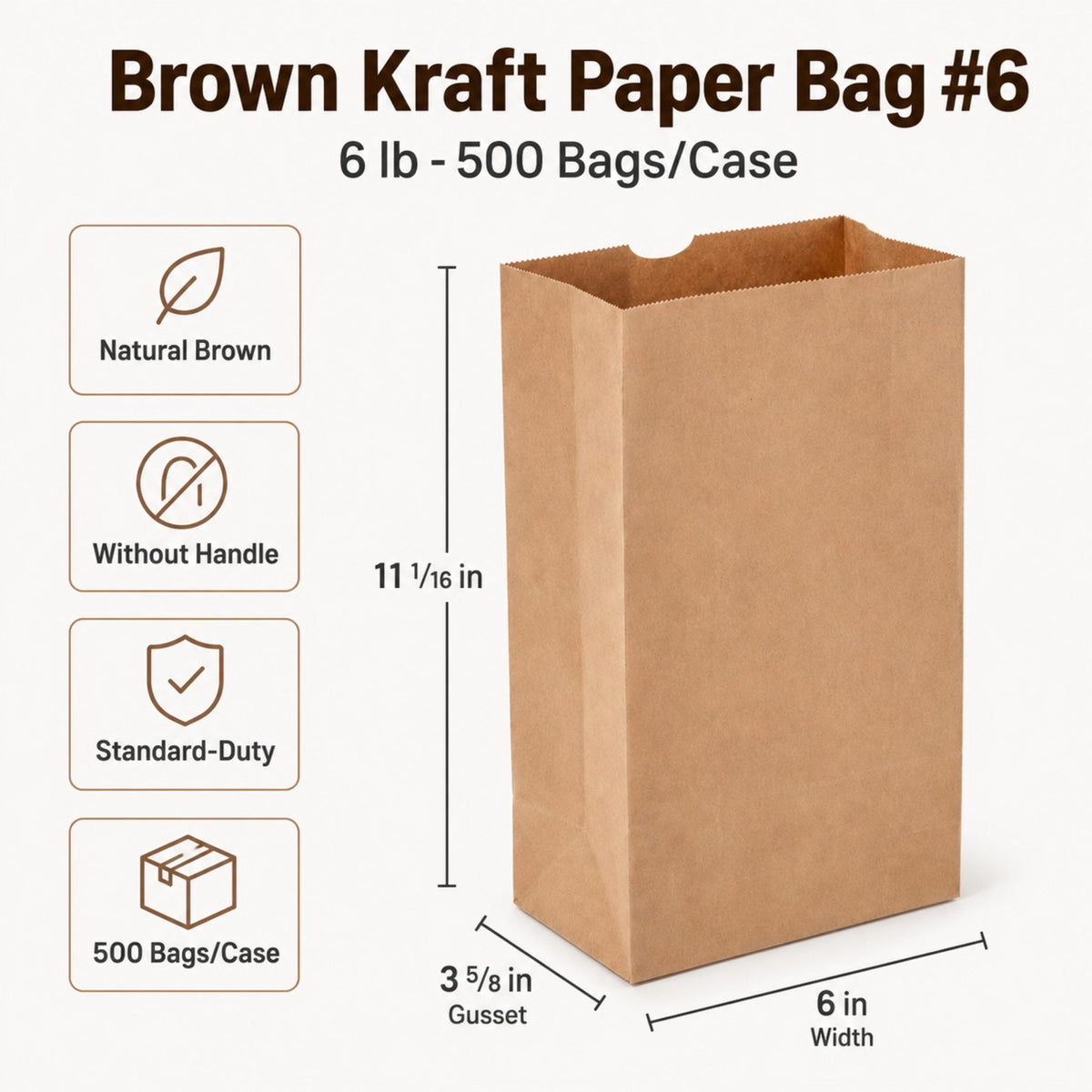 Brown Kraft Paper Bag #6 - 6 lb - 500 Bags/Case