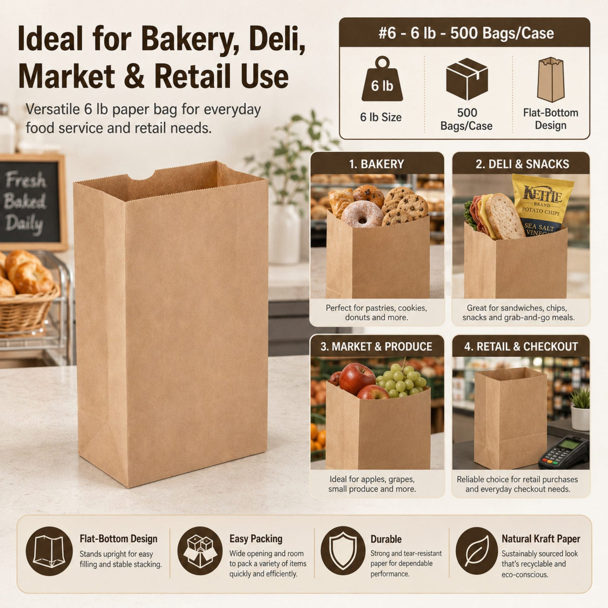 Brown Kraft Paper Bag #6 - 6 lb - 500 Bags/Case