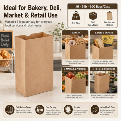 Brown Kraft Paper Bag #6 - 6 lb - 500 Bags/Case