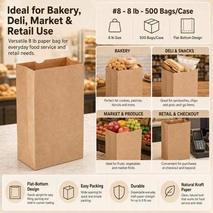 Brown Kraft Paper Bag #8 - 8 lb - 500 Bags/Case