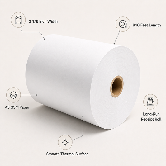 3 1/8" x 810' 45 GSM ATM Thermal Paper Roll – White (8/Case)