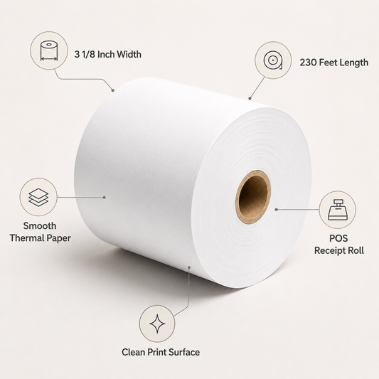 3 1/8" x 230' Thermal Paper Roll White – White (50/Case)