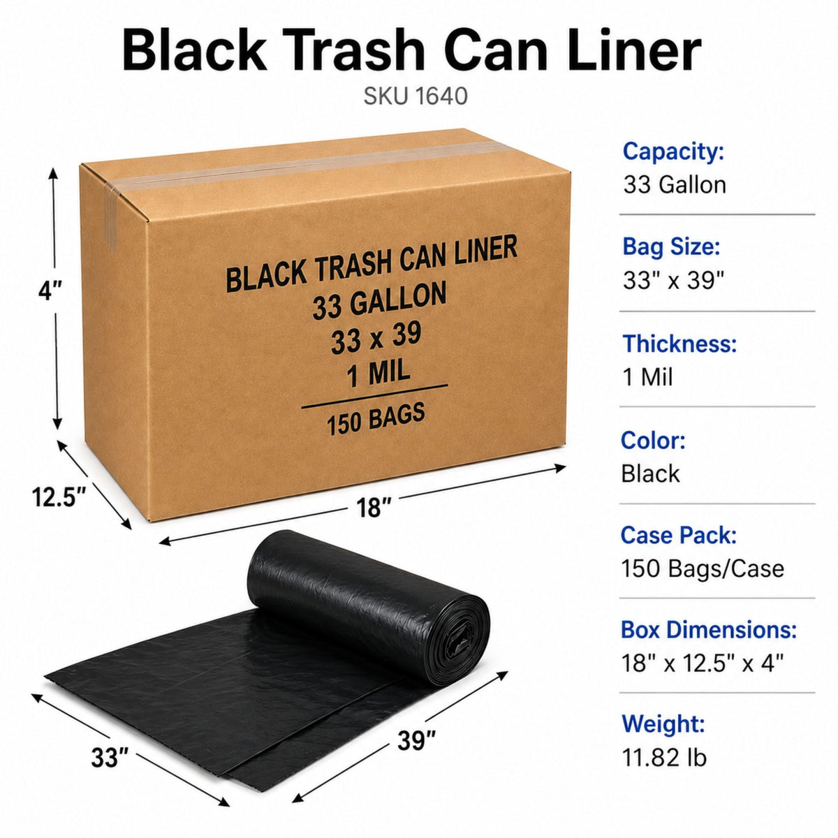 33 Gallon Black Trash Can Liners 33" x 39" - 1 Mil - 150 Bags/Case