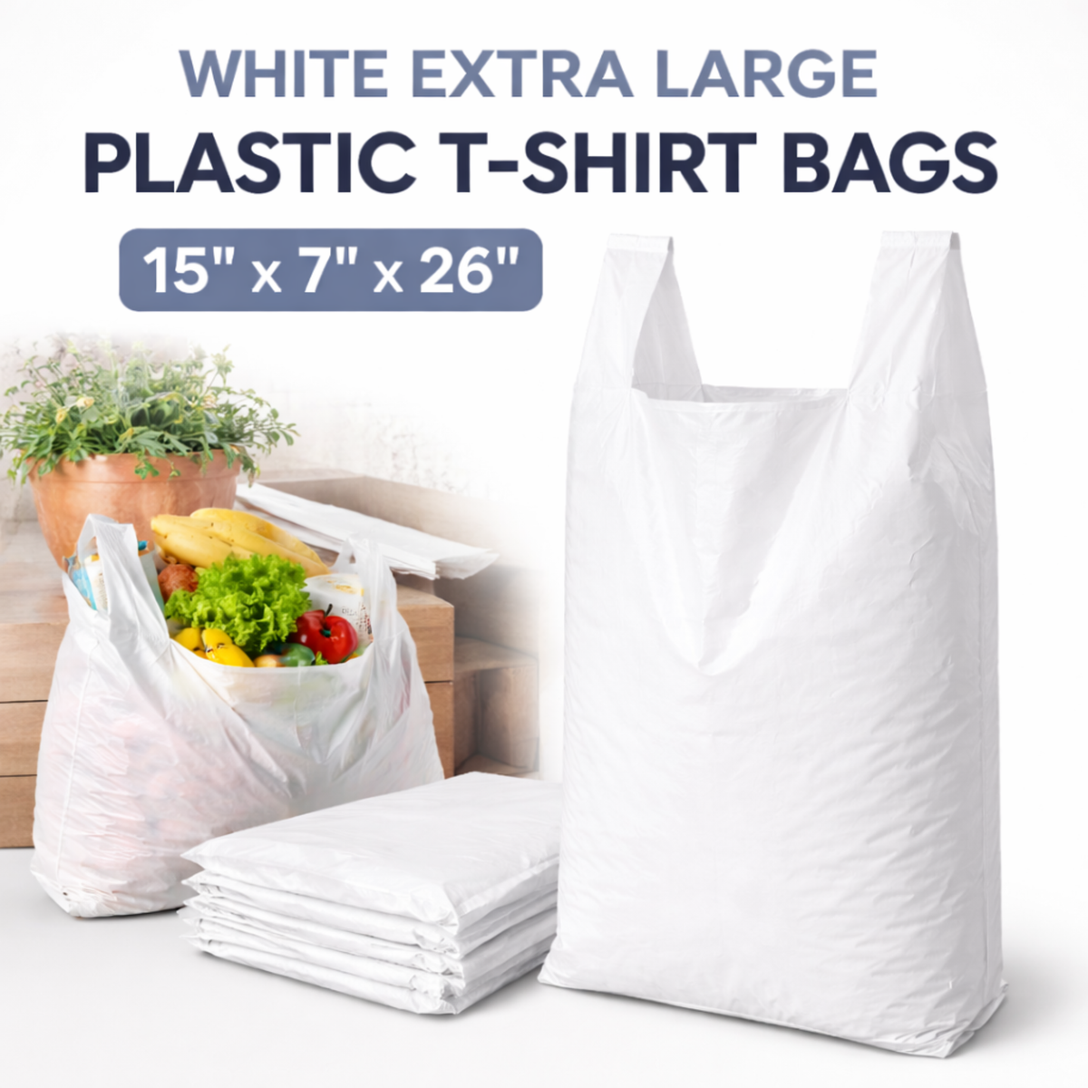 White Extra Large Plastic T-Shirt Bags 15" x 7" x 26" 14 Mic - 500/Case