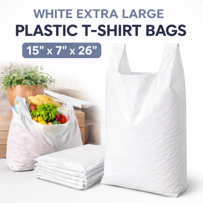 White Extra Large Plastic T-Shirt Bags 15" x 7" x 26" 14 Mic - 500/Case