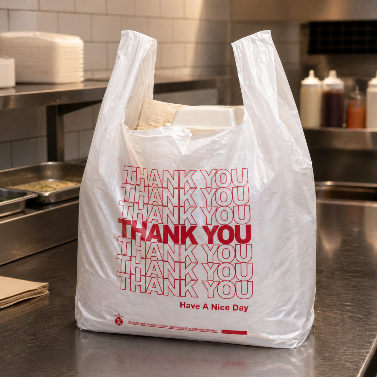 White “Thank You” Heavy-Duty Plastic T-Shirt Bags 10" x 6" x 20" - 22 Mic - 500/Case