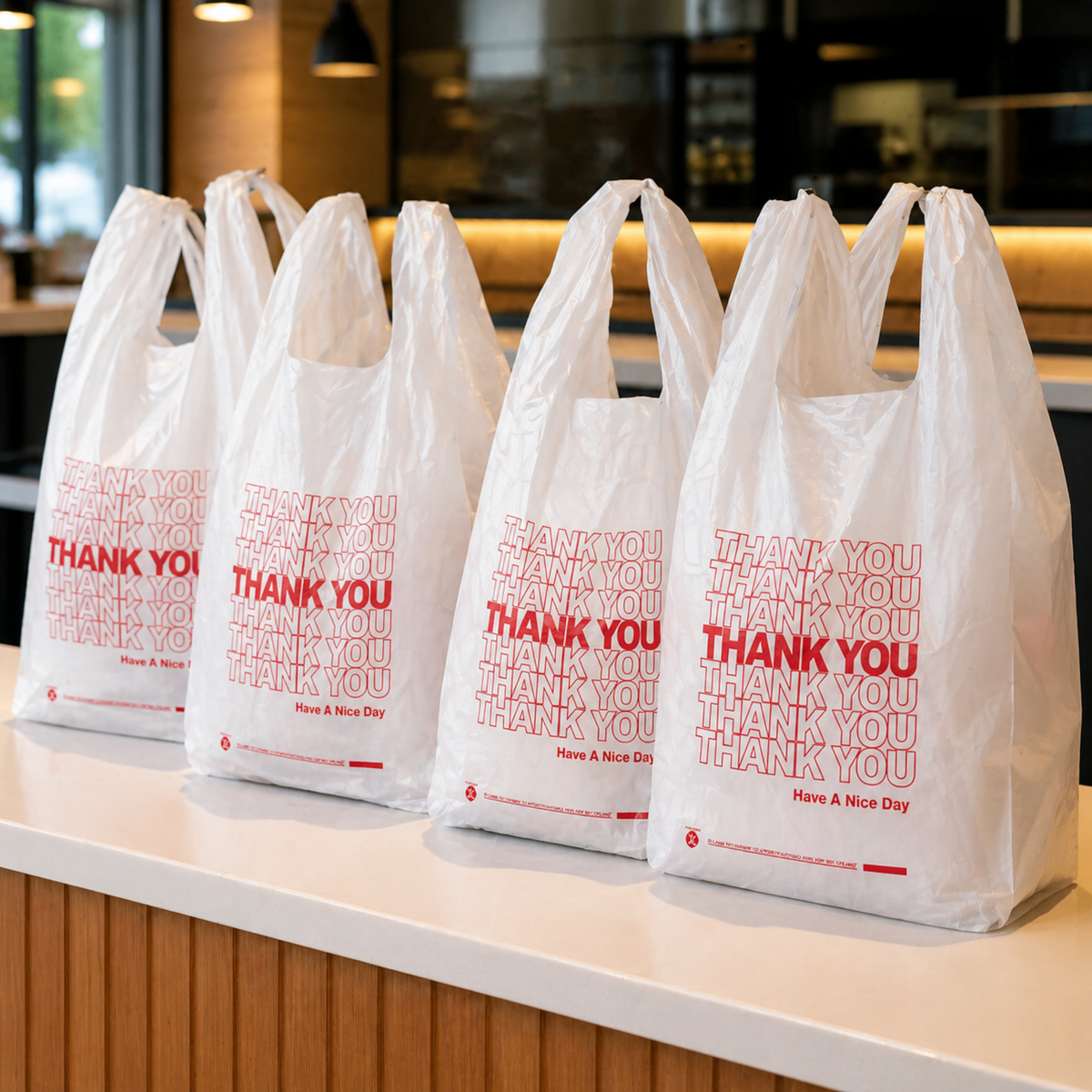 White “Thank You” Heavy-Duty Plastic T-Shirt Bags 10" x 6" x 20" - 22 Mic - 500/Case