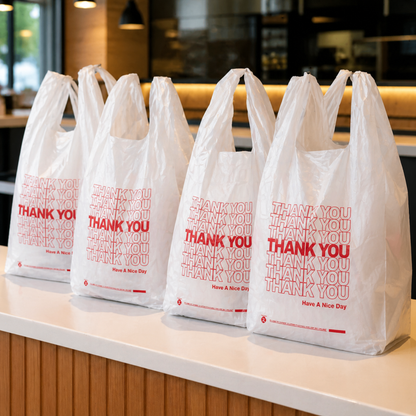 White “Thank You” Heavy-Duty Plastic T-Shirt Bags 10" x 6" x 20" - 22 Mic - 500/Case